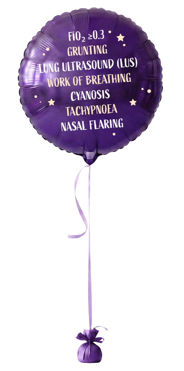 Purple balloon listing clinical markers: FiO2 &ge;0.3, grunting, lung ultrasound (LUS), work of breathing, cyanosis, tachypnoea, nasal flaring