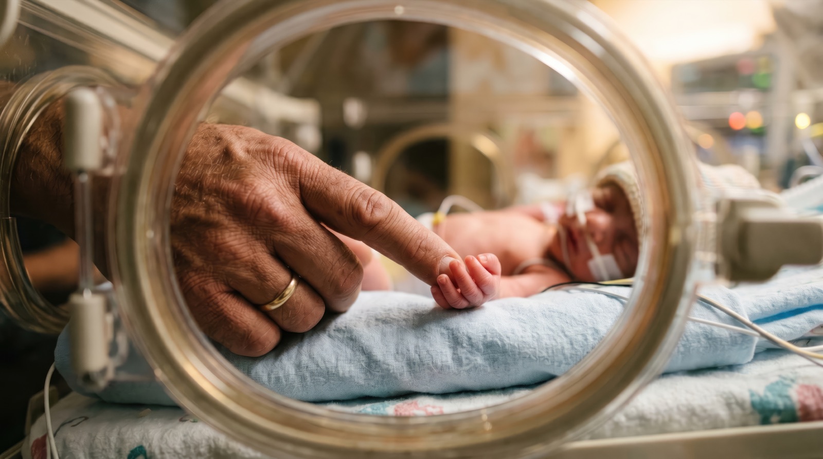 A preterm infant in an incubator holding a clinician&rsquo;s finger