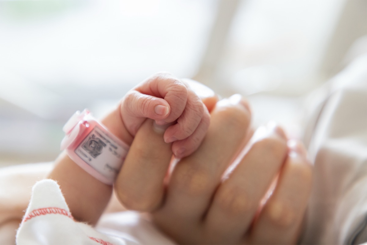 A newborn infant&rsquo;s hand holding an adult&rsquo;s finger